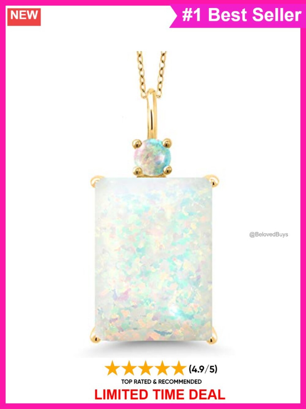 Emerald Cut Simulated Opal Necklace 18K Yellow Gold Plated Sterling Silver